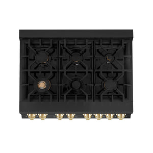 ZLINE Autograph Edition 36 in. 4.6 cu. ft. Dual Fuel Range with Gas Stove and Electric Oven in Black Stainless Steel with Polished Gold Accents (RABZ-36-G) above, six-burner gas cooktop with brass burners.