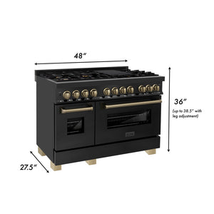 ZLINE Autograph Edition 48 in. 6.0 cu. ft. Legacy Dual Fuel Range with 7 Burner Gas Cooktop and 2 Electric Ovens in Black Stainless Steel and Champagne Bronze Accents (RABZ-48-CB) dimensional diagram.