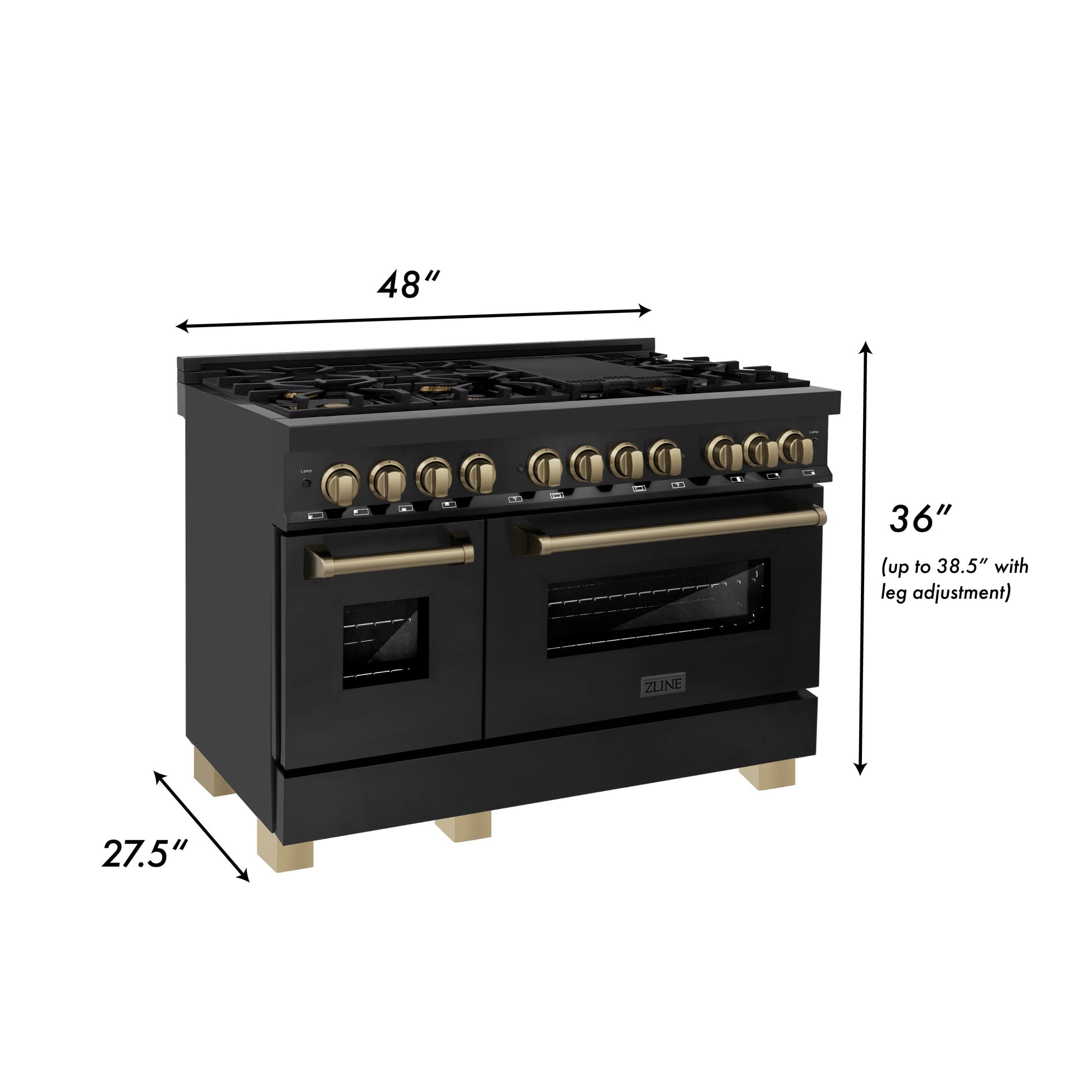 ZLINE Autograph Edition 48 in. 6.0 cu. ft. Dual Fuel Range with Gas Stove and Electric Oven in Black Stainless Steel with Champagne Bronze Accents (RABZ-48-CB) dimensional measurements.