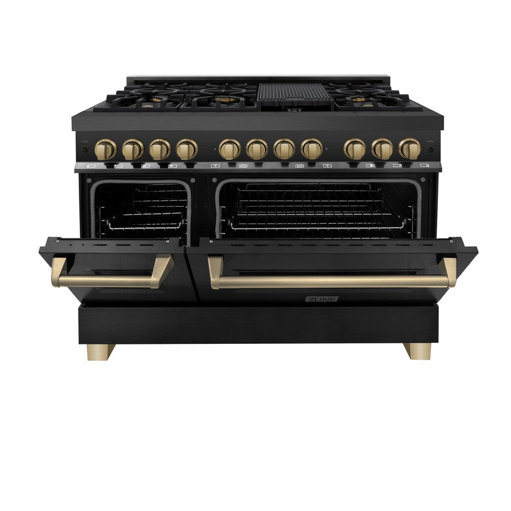 ZLINE Autograph Edition 48 in. 6.0 cu. ft. Legacy Dual Fuel Range with 7 Burner Gas Cooktop and 2 Electric Ovens in Black Stainless Steel and Champagne Bronze Accents (RABZ-48-CB) front, oven half open.