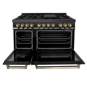 ZLINE Autograph Edition 48 in. 6.0 cu. ft. Legacy Dual Fuel Range with 7 Burner Gas Cooktop and 2 Electric Ovens in Black Stainless Steel and Champagne Bronze Accents (RABZ-48-CB) front, oven open.