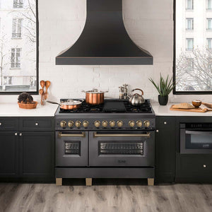 ZLINE Autograph Edition 48 in. 6.0 cu. ft. Legacy Dual Fuel Range with 7 Burner Gas Cooktop and 2 Electric Ovens in Black Stainless Steel and Champagne Bronze Accents (RABZ-48-CB) in a luxury kitchen.