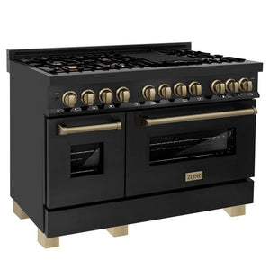 ZLINE Autograph Edition 48 in. 6.0 cu. ft. Dual Fuel Range with Gas Stove and Electric Oven in Black Stainless Steel with Champagne Bronze Accents (RABZ-48-CB) side, ovens closed.