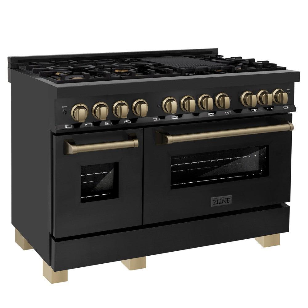 ZLINE Autograph Edition 48 in. 6.0 cu. ft. Dual Fuel Range with Gas Stove and Electric Oven in Black Stainless Steel with Champagne Bronze Accents (RABZ-48-CB) side, ovens closed.