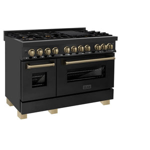 ZLINE Autograph Edition 48 in. 6.0 cu. ft. Legacy Dual Fuel Range with 7 Burner Gas Cooktop and 2 Electric Ovens in Black Stainless Steel and Champagne Bronze Accents (RABZ-48-CB) side, oven closed.