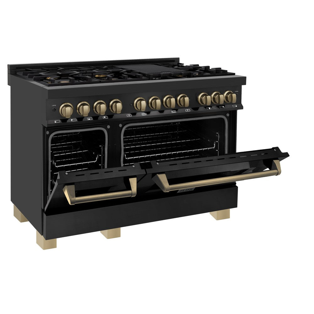 ZLINE Autograph Edition 48 in. 6.0 cu. ft. Legacy Dual Fuel Range with 7 Burner Gas Cooktop and 2 Electric Ovens in Black Stainless Steel and Champagne Bronze Accents (RABZ-48-CB) side, oven half open.