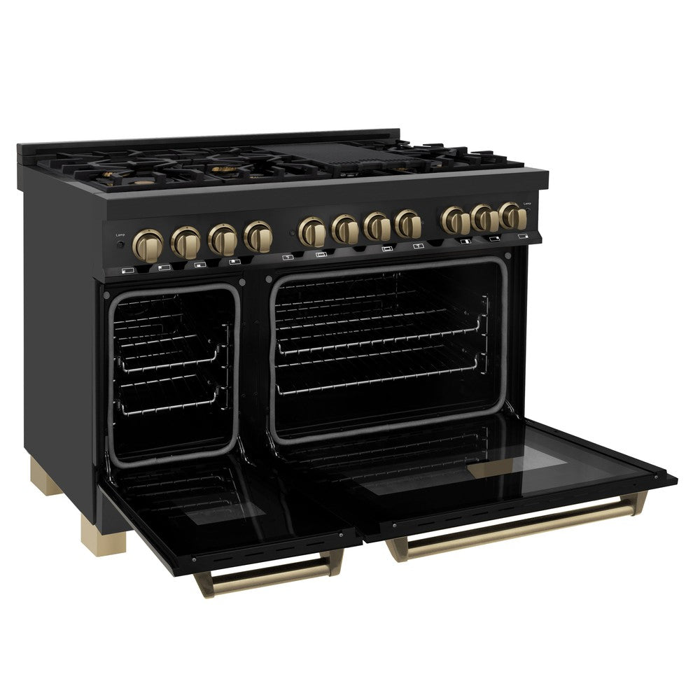 ZLINE Autograph Edition 48 in. 6.0 cu. ft. Legacy Dual Fuel Range with 7 Burner Gas Cooktop and 2 Electric Ovens in Black Stainless Steel and Champagne Bronze Accents (RABZ-48-CB) side, oven open.