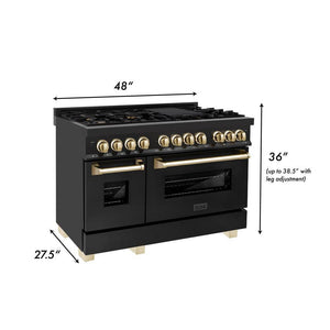 ZLINE Autograph Edition 48 in. 6.0 cu. ft. Legacy Dual Fuel Range with 7 Burner Gas Cooktop and 2 Electric Ovens in Black Stainless Steel and Polished Gold Accents (RABZ-48-G) dimensional diagram.