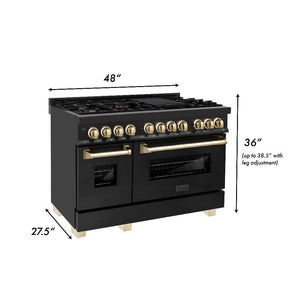 ZLINE Autograph Edition 48 in. 6.0 cu. ft. Dual Fuel Range with Gas Stove and Electric Oven in Black Stainless Steel with Polished Gold Accents (RABZ-48-G) dimensional measurements.