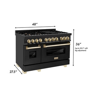 ZLINE Autograph Edition 48 in. 6.0 cu. ft. Dual Fuel Range with Gas Stove and Electric Oven in Black Stainless Steel with Polished Gold Accents (RABZ-48-G) dimensional measurements.