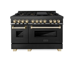 ZLINE Autograph Edition 48 in. 6.0 cu. ft. Legacy Dual Fuel Range with 7 Burner Gas Cooktop and 2 Electric Ovens in Black Stainless Steel and Polished Gold Accents (RABZ-48-G) front, oven closed.