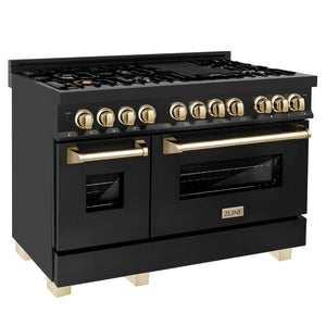 ZLINE Autograph Edition 48 in. 6.0 cu. ft. Dual Fuel Range with Gas Stove and Electric Oven in Black Stainless Steel with Polished Gold Accents (RABZ-48-G) side, ovens closed.