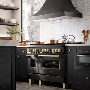 ZLINE Autograph Edition 48 in. 6.0 cu. ft. Legacy Dual Fuel Range with 7 Burner Gas Cooktop and 2 Electric Ovens in Black Stainless Steel and Polished Gold Accents (RABZ-48-G) in a luxury kitchen, side.