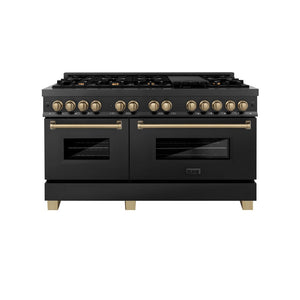 ZLINE Autograph Edition 60 in. 7.4 cu. ft. Legacy Dual Fuel Range with 9 Burner Gas Cooktop and 2 Electric Convection Ovens in Black Stainless Steel and Champagne Bronze Accents (RABZ-60-CB) front, oven closed.