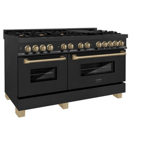 ZLINE Autograph Edition 60 in. 7.4 cu. ft. Legacy Dual Fuel Range with 9 Burner Gas Cooktop and 2 Electric Convection Ovens in Black Stainless Steel and Champagne Bronze Accents (RABZ-60-CB) side, oven closed.