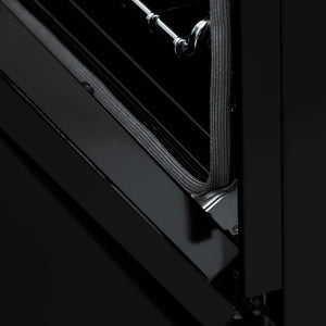 ZLINE Autograph Edition 60 in. 7.4 cu. ft. Legacy Dual Fuel Range with 9 Burner Gas Cooktop and 2 Electric Convection Ovens in Black Stainless Steel and Champagne Bronze Accents (RABZ-60-CB) StayPut oven door hinge.