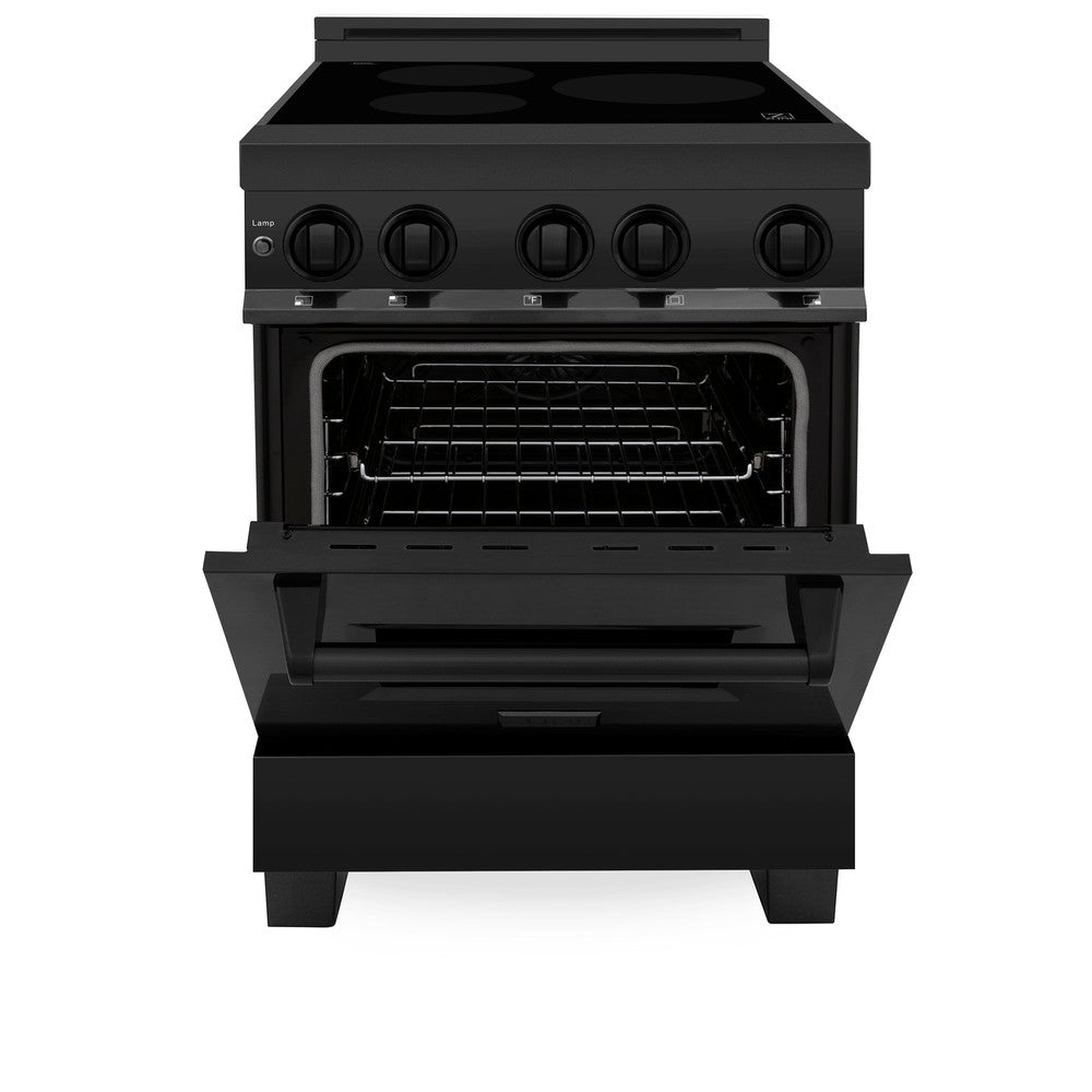 ZLINE 24 in. 2.8 cu. ft. Induction Range with a 4 Element Stove and Electric Oven in Black Stainless Steel (RAIND-BS-24) front, oven door half open.