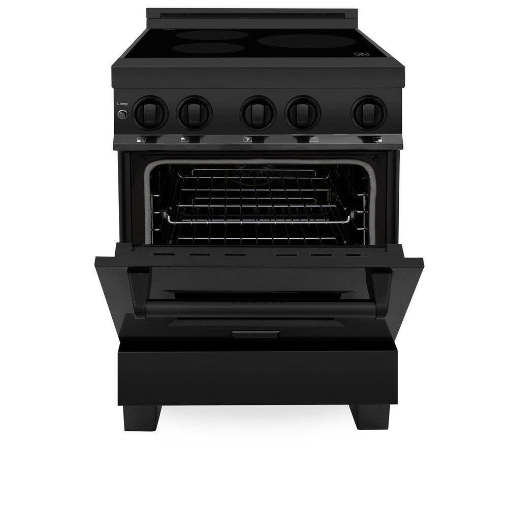 ZLINE 24 in. 2.8 cu. ft. Legacy Induction Range with 4 Element Cooktop and Electric Oven in Black Stainless Steel (RAIND-BS-24) front, oven half open.