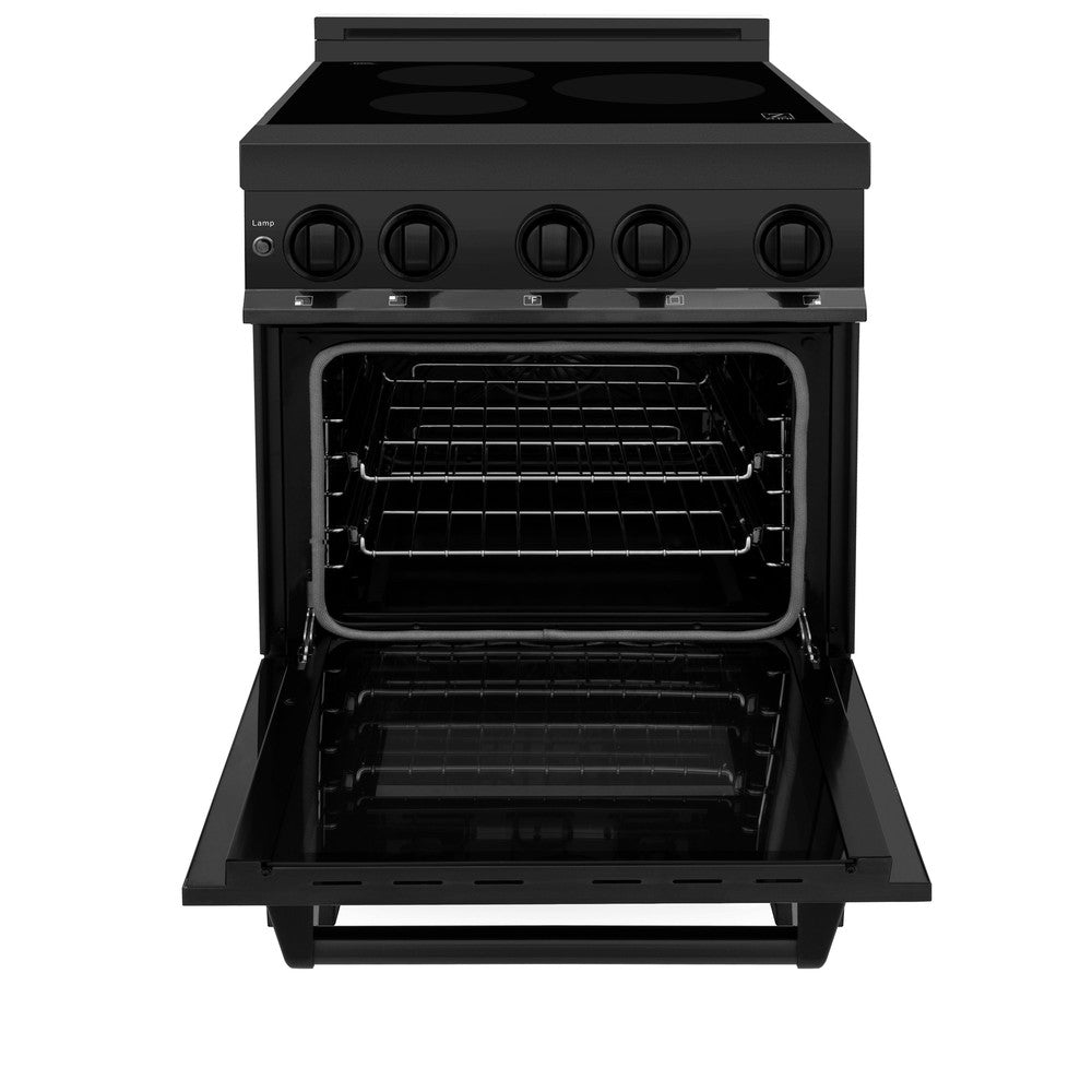 ZLINE 24 in. 2.8 cu. ft. Induction Range with a 4 Element Stove and Electric Oven in Black Stainless Steel (RAIND-BS-24) front, oven door open.