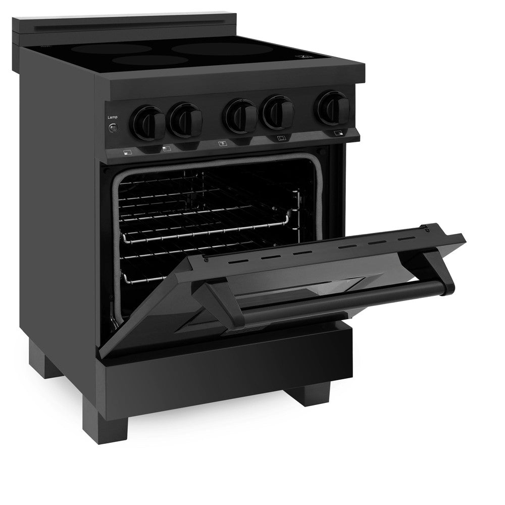ZLINE 24 in. 2.8 cu. ft. Induction Range with a 4 Element Stove and Electric Oven in Black Stainless Steel (RAIND-BS-24) side, oven door half open.