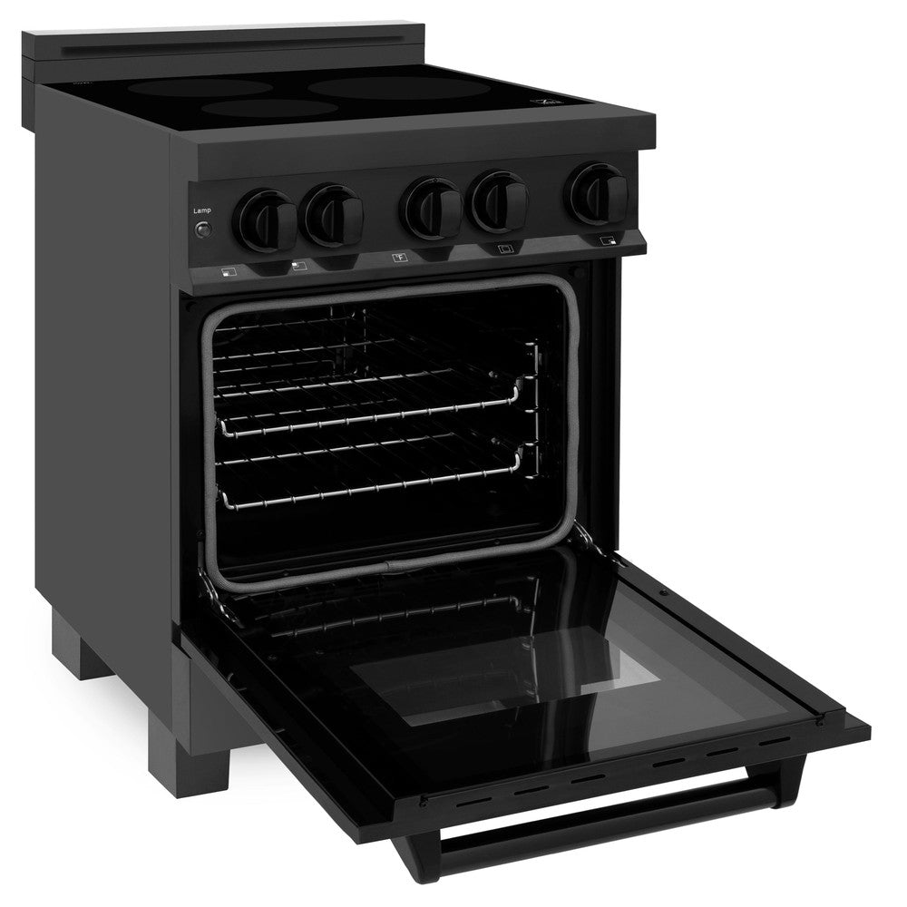 ZLINE 24 in. 2.8 cu. ft. Induction Range with a 4 Element Stove and Electric Oven in Black Stainless Steel (RAIND-BS-24) side, oven door open.