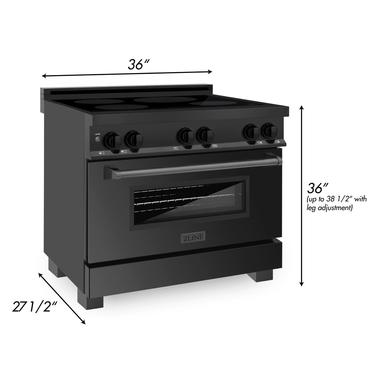 ZLINE 36 in. 4.6 cu. ft. Induction Range with a 4 Element Stove and Electric Oven in Black Stainless Steel (RAIND-BS-36) dimensional diagram with measurements.