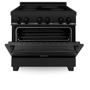 ZLINE 36 in. 4.6 cu. ft. Induction Range with a 4 Element Stove and Electric Oven in Black Stainless Steel (RAIND-BS-36) front, oven door half open.