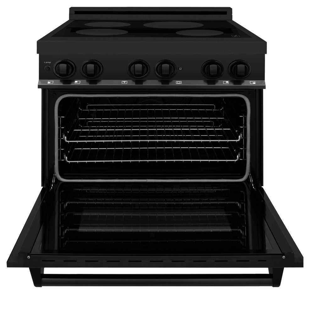 ZLINE 36 in. 4.6 cu. ft. Induction Range with a 4 Element Stove and Electric Oven in Black Stainless Steel (RAIND-BS-36) front, oven door open.