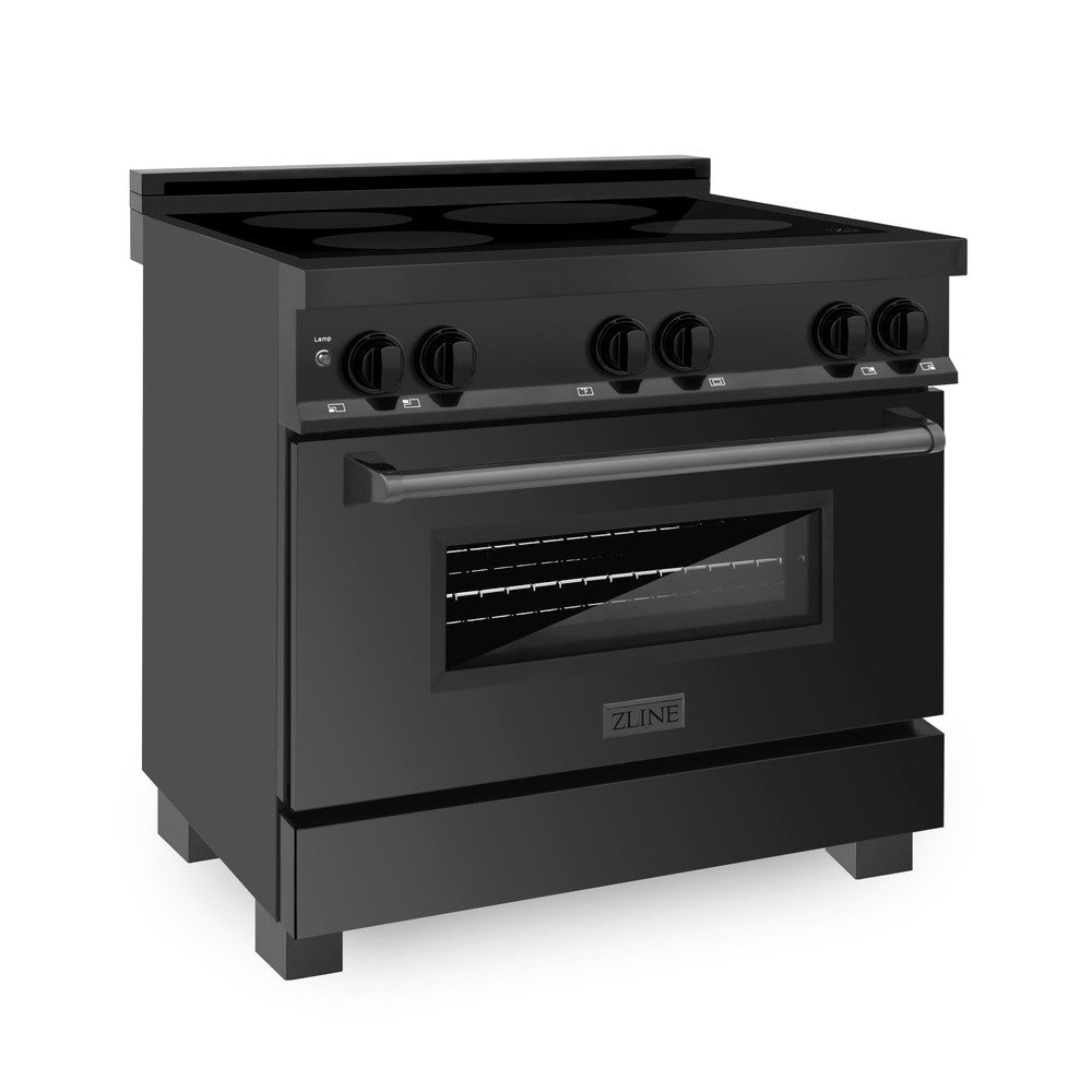 ZLINE 36 in. 4.6 cu. ft. Induction Range with a 4 Element Stove and Electric Oven in Black Stainless Steel (RAIND-BS-36) side, oven closed.