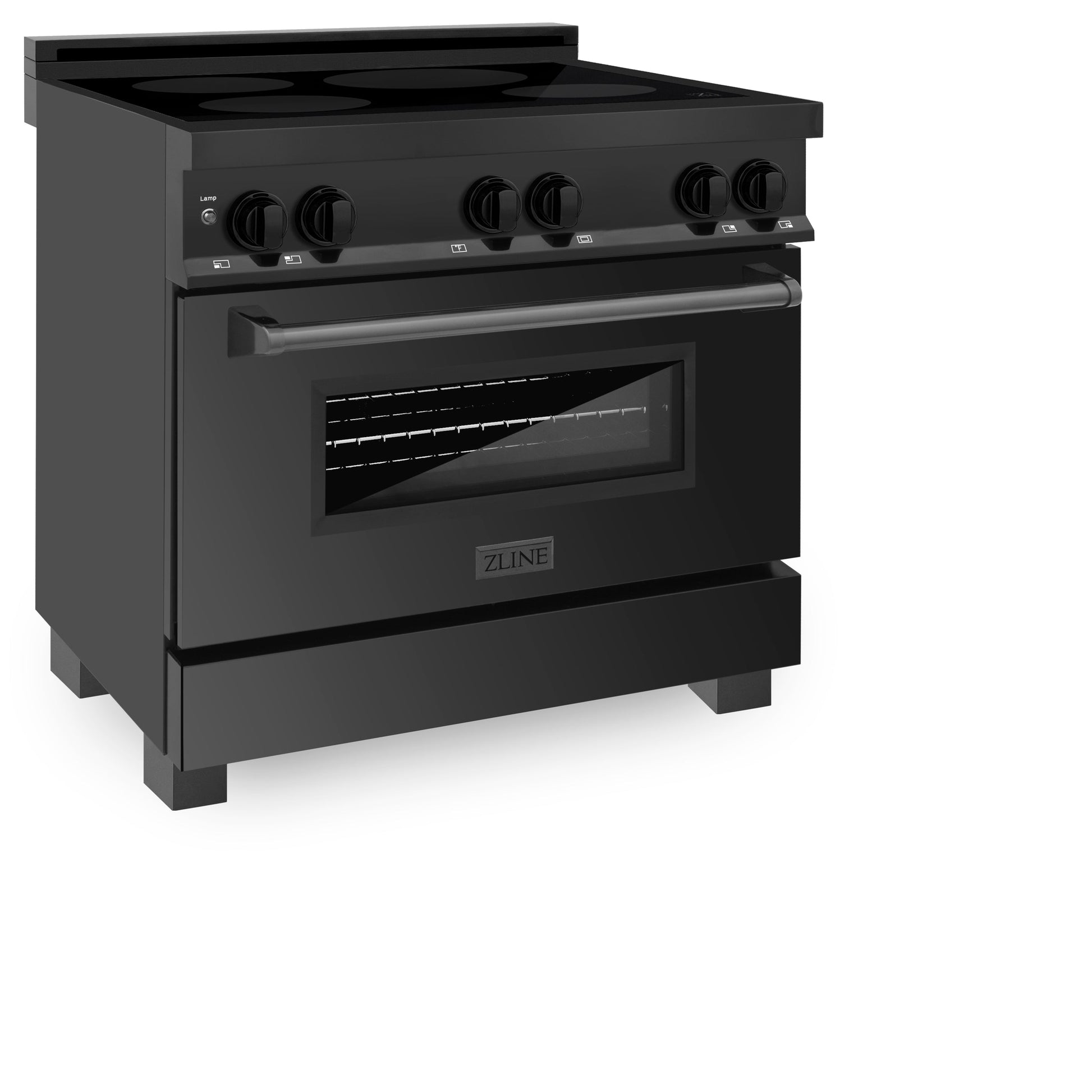 ZLINE 36 in. 4.6 cu. ft. Induction Range with a 4 Element Stove and Electric Oven in Black Stainless Steel (RAIND-BS-36) side, oven door closed.