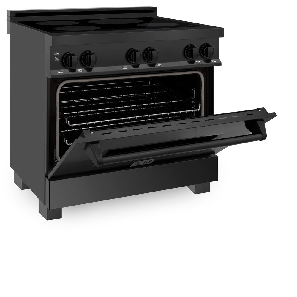ZLINE 36 in. 4.6 cu. ft. Induction Range with a 4 Element Stove and Electric Oven in Black Stainless Steel (RAIND-BS-36) side, oven door half open.