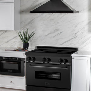ZLINE 36 in. 4.6 cu. ft. Induction Range with a 4 Element Stove and Electric Oven in Black Stainless Steel (RAIND-BS-36) in a luxury cottage-style kitchen with matching microwave and range hood.