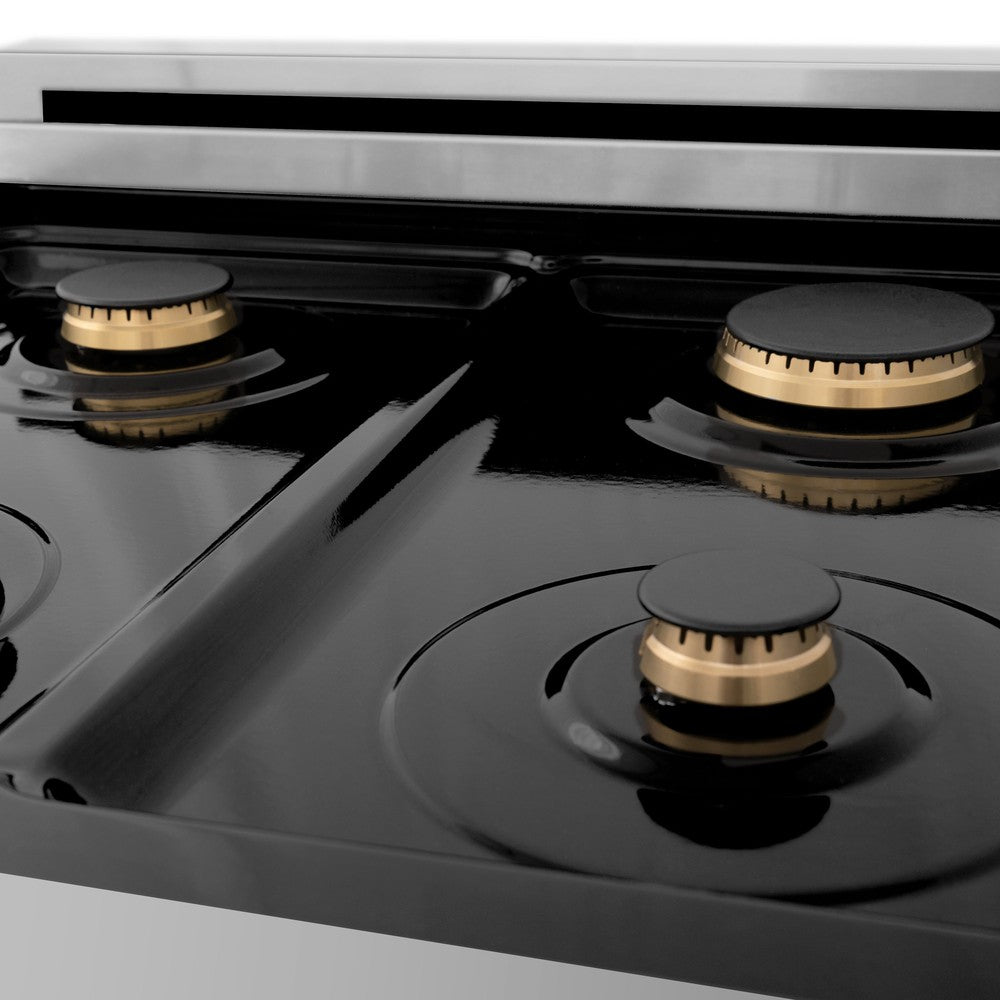 ZLINE brass burners on black porcelain cooktop no grates.