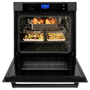 ZLINE 30 in. Professional Electric Single Wall Oven with Self Clean and True Convection in Black Stainless Steel (AWS-30-BS) front, open with cooked food inside.
