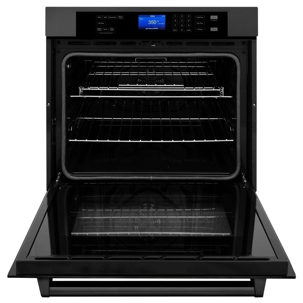 ZLINE 30 in. Professional Electric Single Wall Oven with Self Clean and True Convection in Black Stainless Steel (AWS-30-BS) front, open.