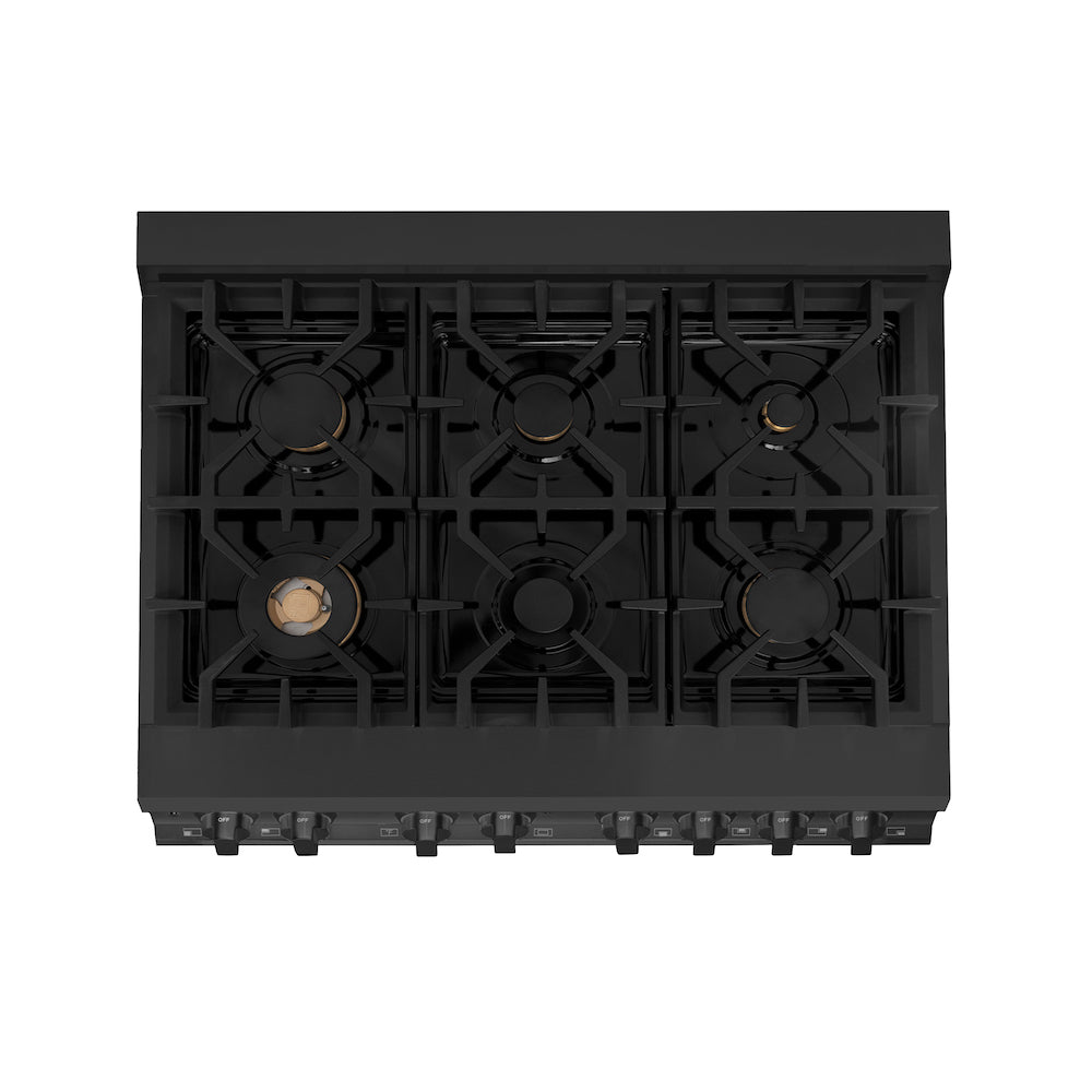 ZLINE 36 in. 4.6 cu. ft. Dual Fuel Range with Gas Stove and Electric Oven in Black Stainless Steel with Brass Burners (RAB-BR-36) from above showing cooktop with gas burners and cast-iron grates.