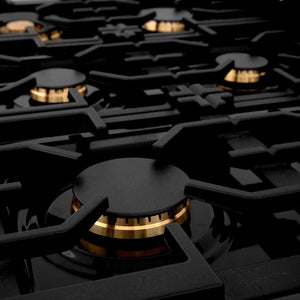 ZLINE brass burners on black porcelain cooktop with cast-iron grates.