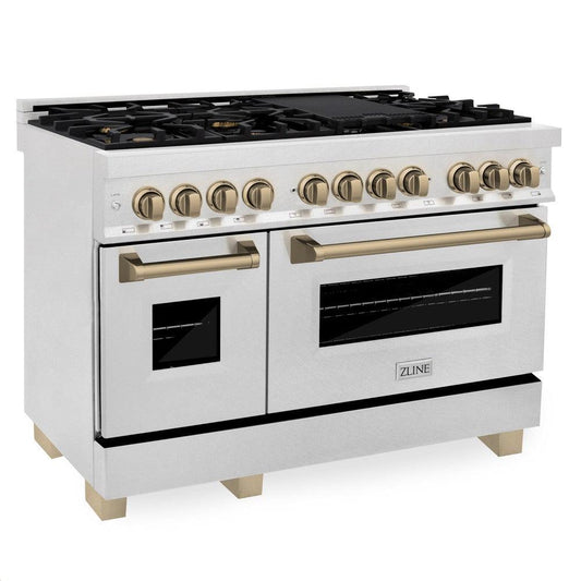 ZLINE Autograph Edition 48 in. 6.0 cu. ft. Legacy Dual Fuel Range with 7 Burner Gas Cooktop and 2 Electric Ovens in DuraSnow® Stainless Steel and Champagne Bronze Accents (RASZ-SN-48-CB)