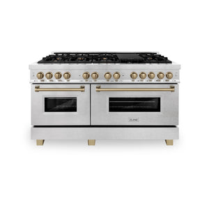 ZLINE Autograph Edition 60 in. 7.4 cu. ft. Legacy Dual Fuel Range with 9 Burner Gas Cooktop and 2 Electric Convection Ovens in DuraSnow® Stainless Steel and Champagne Bronze Accents (RASZ-SN-60-CB) front, oven closed.