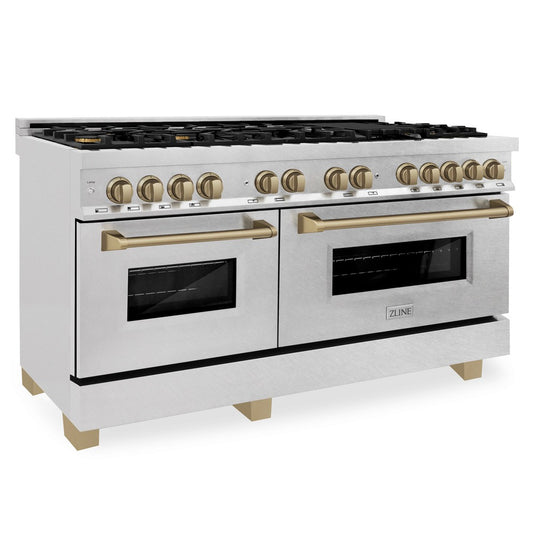 ZLINE Autograph Edition 60 in. 7.4 cu. ft. Legacy Dual Fuel Range with 9 Burner Gas Cooktop and 2 Electric Convection Ovens in DuraSnow® Stainless Steel and Champagne Bronze Accents (RASZ-SN-60-CB)