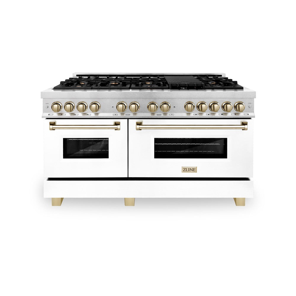 ZLINE Autograph Edition 60 in. 7.4 cu. ft. Legacy Dual Fuel Range with 9 Burner Gas Cooktop and 2 Electric Convection Ovens in DuraSnow® Stainless Steel with White Matte Doors and Polished Gold Accents (RASZ-WM-60-G) front, oven closed.