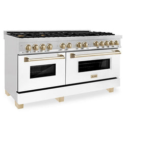 ZLINE Autograph Edition 60 in. 7.4 cu. ft. Legacy Dual Fuel Range with 9 Burner Gas Cooktop and 2 Electric Convection Ovens in DuraSnow® Stainless Steel with White Matte Doors and Polished Gold Accents (RASZ-WM-60-G) side, oven closed.