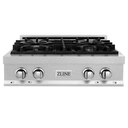 ZLINE 30 in. Porcelain Rangetop in DuraSnow® Stainless Steel with 4 Gas Burners (RTS-30) front.