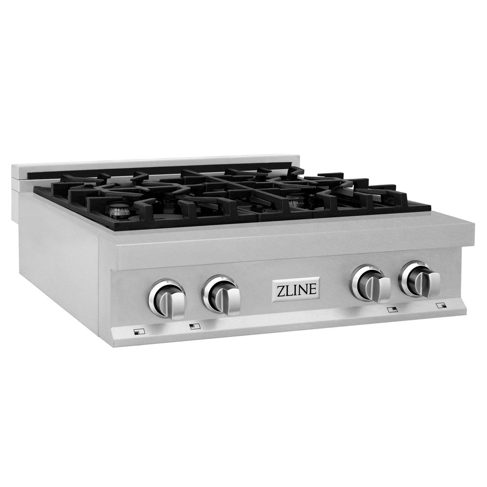 ZLINE 30 in. Porcelain Rangetop in DuraSnow® Stainless Steel with 4 Gas Burners (RTS-30) side.