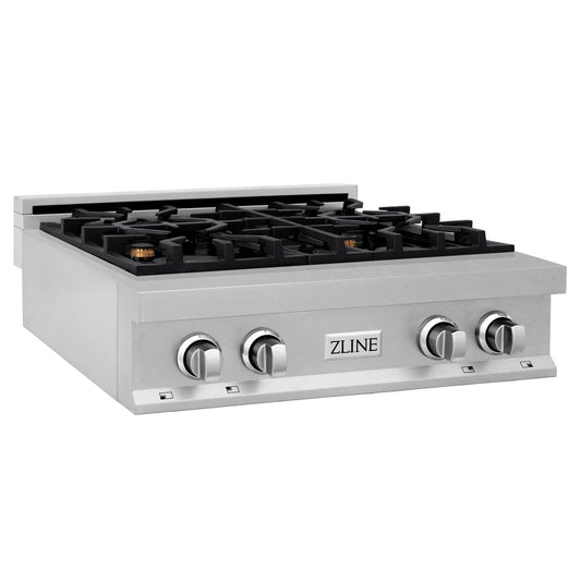 ZLINE 30 in. Porcelain Rangetop in DuraSnow® Stainless Steel with 4 Gas Brass Burners (RTS-BR-30) side.