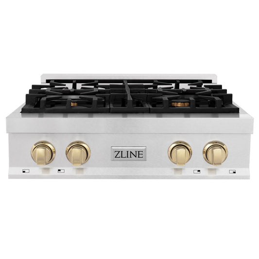 ZLINE Autograph Edition 30 in. Porcelain Rangetop with 4 Gas Burners in DuraSnow® Stainless Steel with Polished Gold Accents (RTSZ-30-G) front.