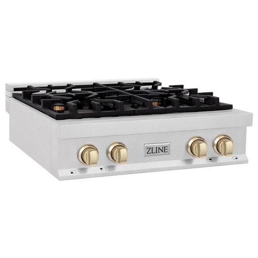 ZLINE Autograph Edition 30 in. Porcelain Rangetop with 4 Gas Burners in DuraSnow® Stainless Steel with Polished Gold Accents (RTSZ-30-G) side.