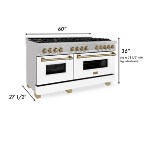 ZLINE Autograph Edition 60 in. 7.4 cu. ft. Legacy Dual Fuel Range with 9 Burner Gas Cooktop and 2 Electric Convection Ovens in DuraSnow® Stainless Steel with White Matte Doors and Champagne Bronze Accents (RASZ-WM-60-CB) dimensional diagram.