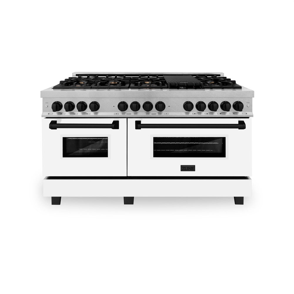 ZLINE Autograph Edition 60 in. 7.4 cu. ft. Legacy Dual Fuel Range with 9 Burner Gas Cooktop and 2 Electric Convection Ovens in DuraSnow® Stainless Steel with White Matte Doors and Matte Black Accents (RASZ-WM-60-MB) front, oven closed.