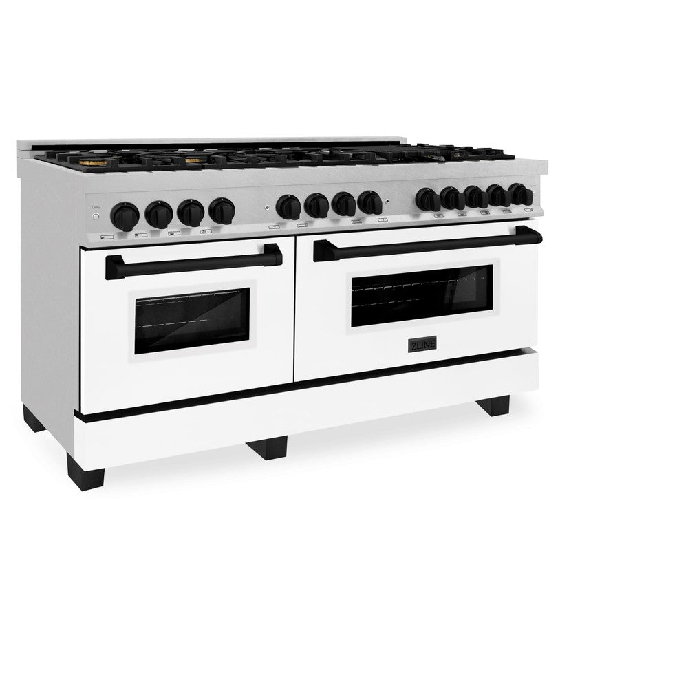 ZLINE Autograph Edition 60 in. 7.4 cu. ft. Legacy Dual Fuel Range with 9 Burner Gas Cooktop and 2 Electric Convection Ovens in DuraSnow® Stainless Steel with White Matte Doors and Matte Black Accents (RASZ-WM-60-MB) side, oven closed.